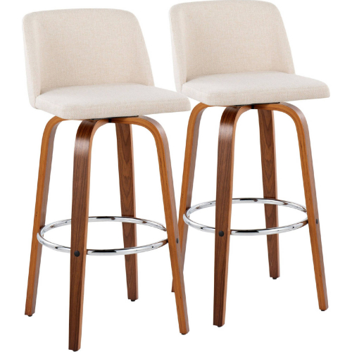 Toriano 30" Swivel Bar Stool in Walnut Wood & Cream Noise Fabric with Chrome Footrest (Set of 2)